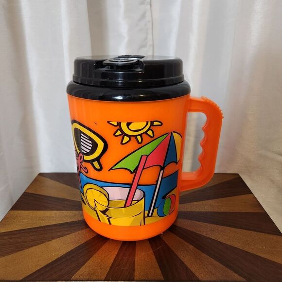 Vintage Retro Betras USA Big Mug Water Bottle Summer Fun Neon Orange Beach 52 Oz - Picture 2 of 13